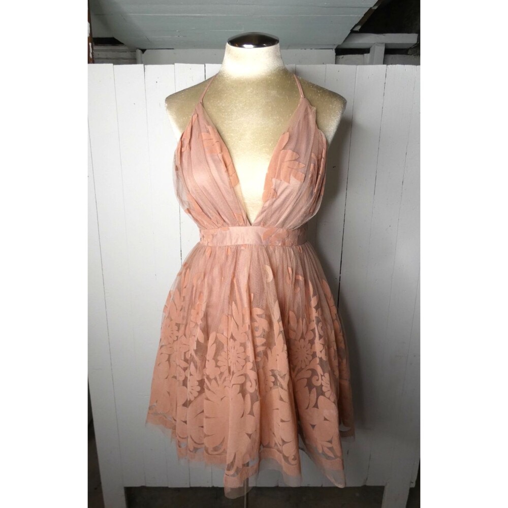 Luxxel Women's S Light Pink Tulle Sleeveless Mini Party Dress Cross Back Deep V